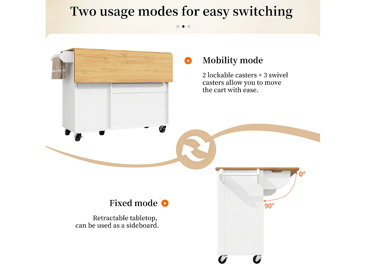Ilot central de cuisine moderne 130x45x92cm - 3 portes - avec étagère à épices - plateau extensible - avec roulettes - Blanc