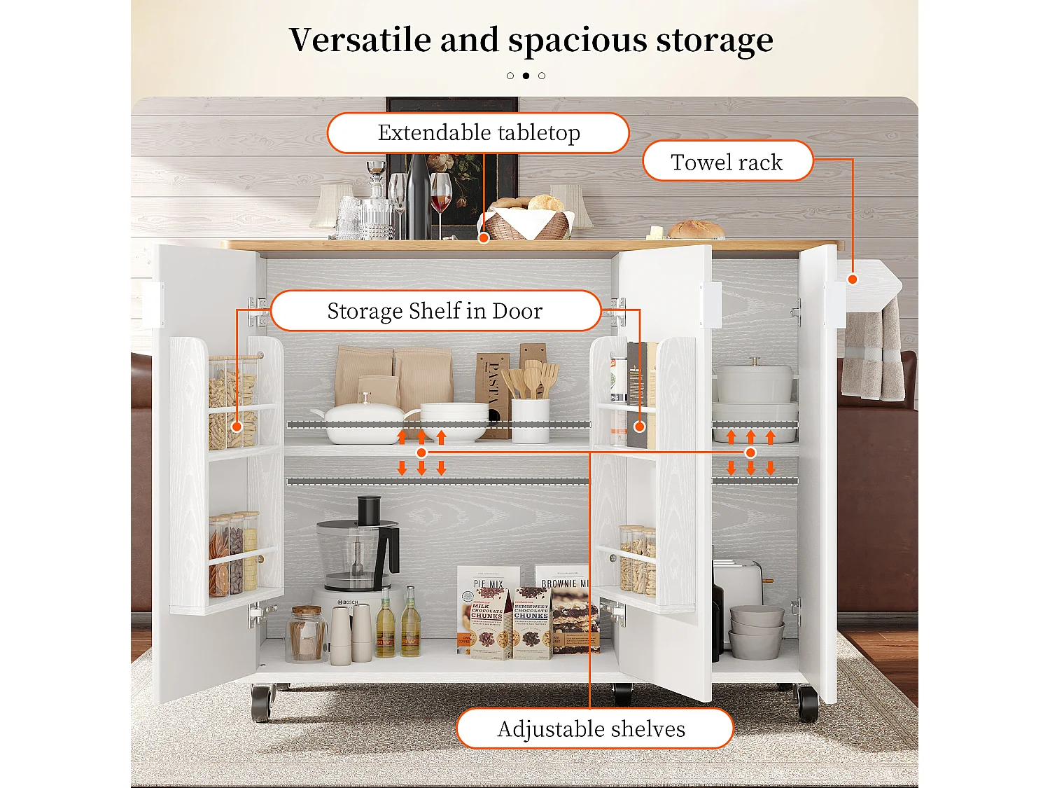 Ilot central de cuisine moderne 130x45x92cm - 3 portes - avec étagère à épices - plateau extensible - avec roulettes - Blanc