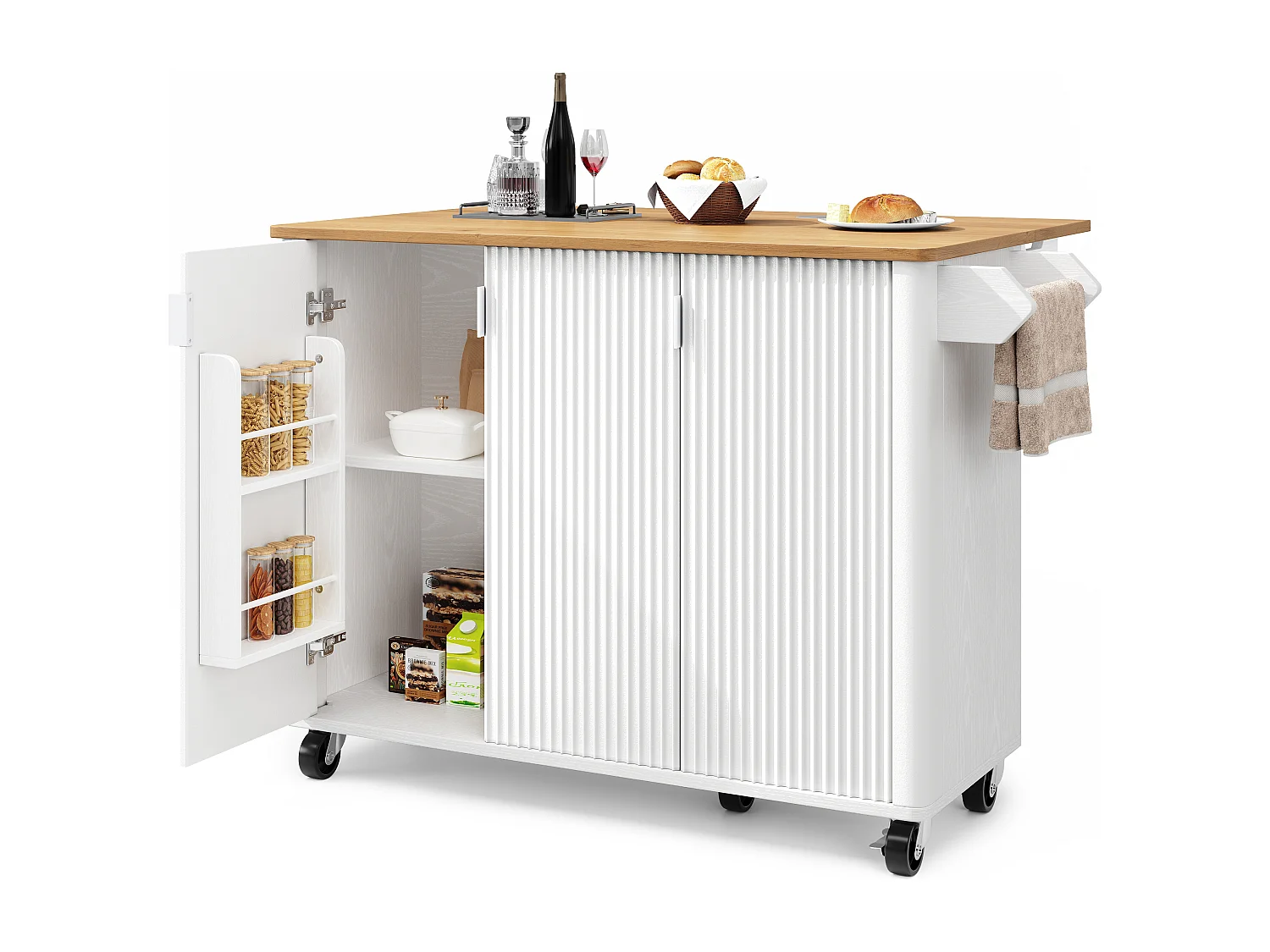 Ilot central de cuisine moderne 130x45x92cm - 3 portes - avec étagère à épices - plateau extensible - avec roulettes - Blanc