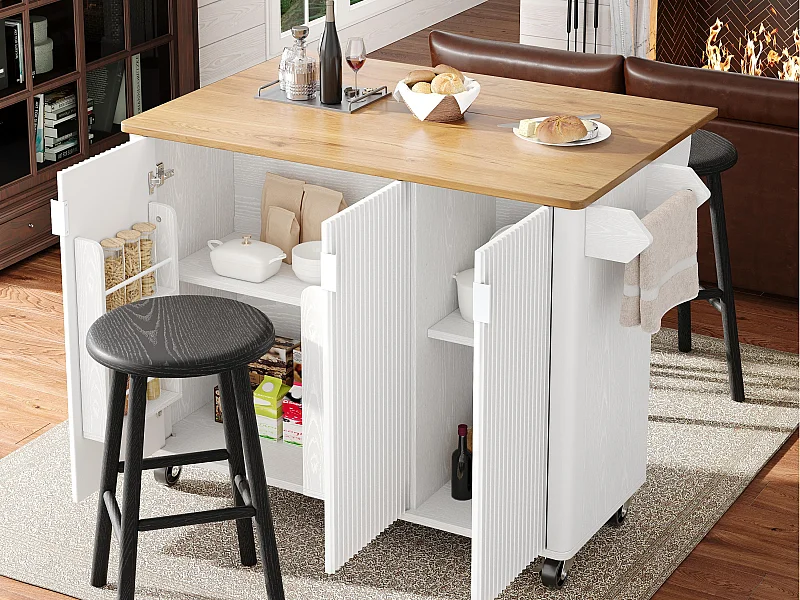 Ilot central de cuisine moderne 130x45x92cm - 3 portes - avec étagère à épices - plateau extensible - avec roulettes - Blanc