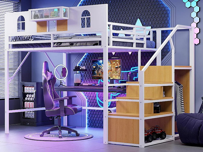 Cama alta de metal 140x200 cm - con escalera con almacenamiento - con barreras de seguridad - con armario abierto - blanco