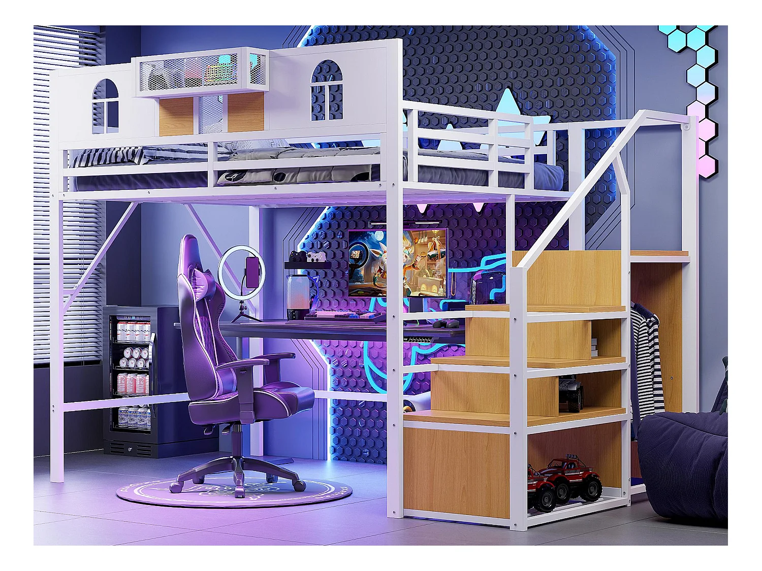 Lit mezzanine en métal 140x200 cm - avec échelle de rangement - avec barrières de sécurité - avec armoire ouverte - blanc