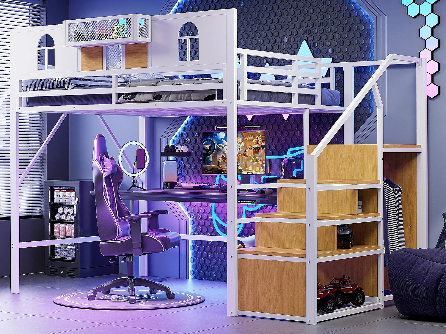 Hochbett aus Metall 140x200 cm - mit Treppe mit Stauraum - mit Sicherheitsbügeln - mit offenem Schrank - weiß