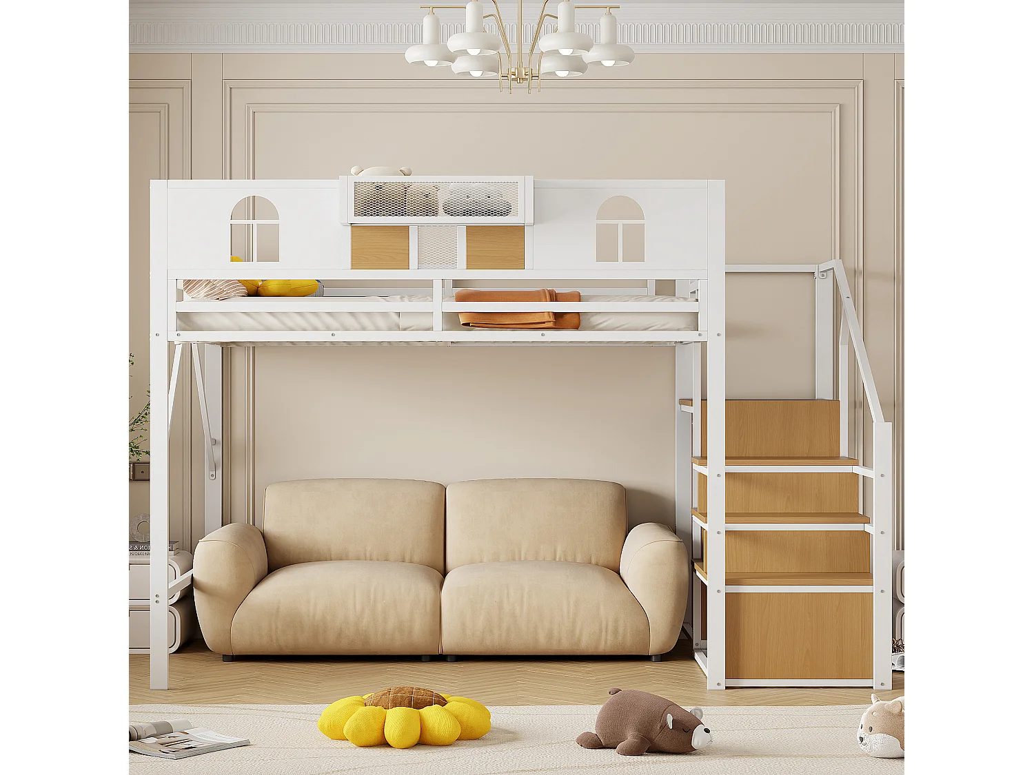 Hochbett aus Metall 140x200 cm - mit Treppe mit Stauraum - mit Sicherheitsbügeln - mit offenem Schrank - weiß