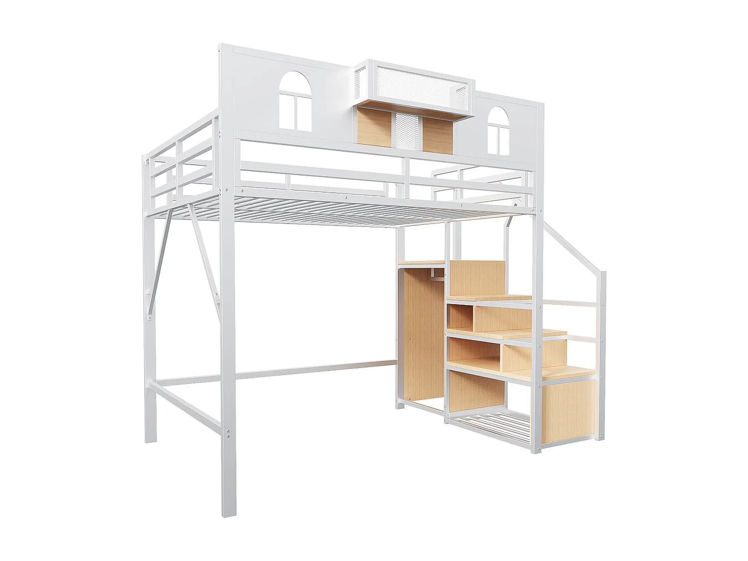 Hochbett aus Metall 140x200 cm - mit Treppe mit Stauraum - mit Sicherheitsbügeln - mit offenem Schrank - weiß