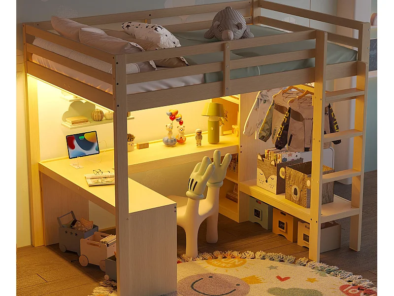 Cama alta 140x200 cm - con escritorio - con armario abierto - con iluminación LED y puerto USB - natural (colchón no incluido)