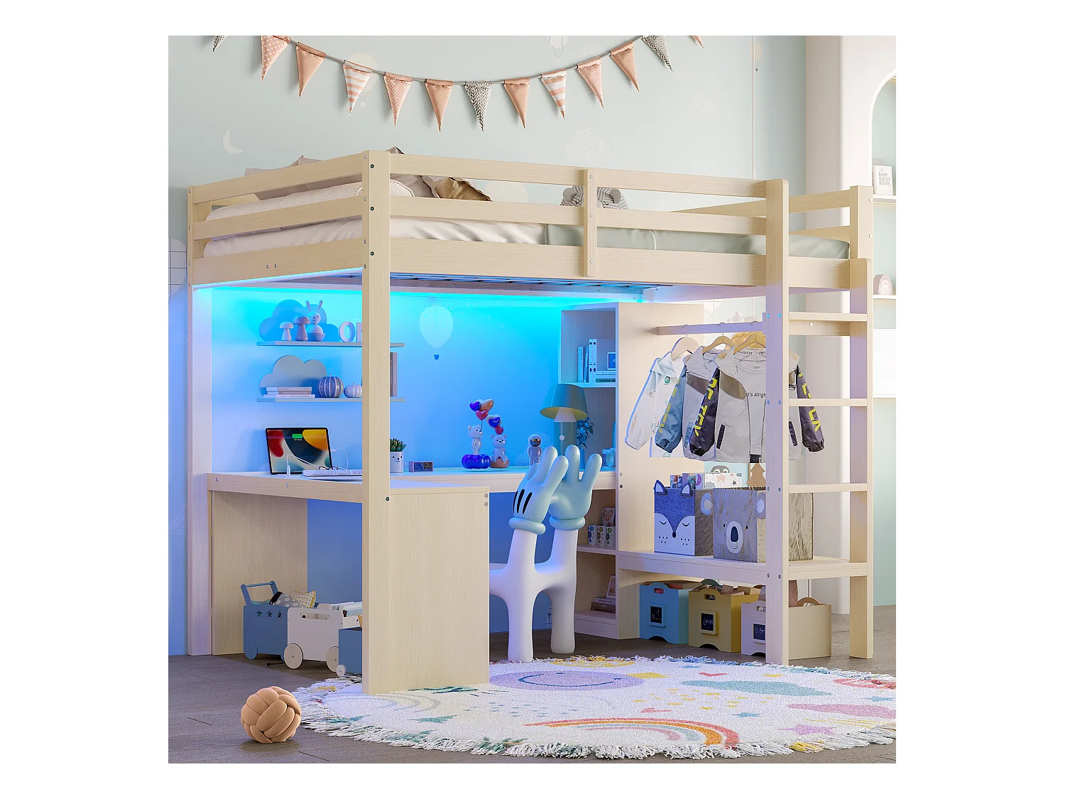 Lit mezzanine 140x200 cm - avec bureau - avec penderie ouverte - avec éclairage LED et port USB - Naturel(matelas non inclus)