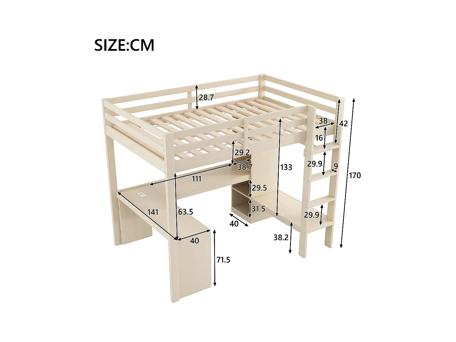 Lit mezzanine 140x200 cm - avec bureau - avec penderie ouverte - avec éclairage LED et port USB - Naturel(matelas non inclus)