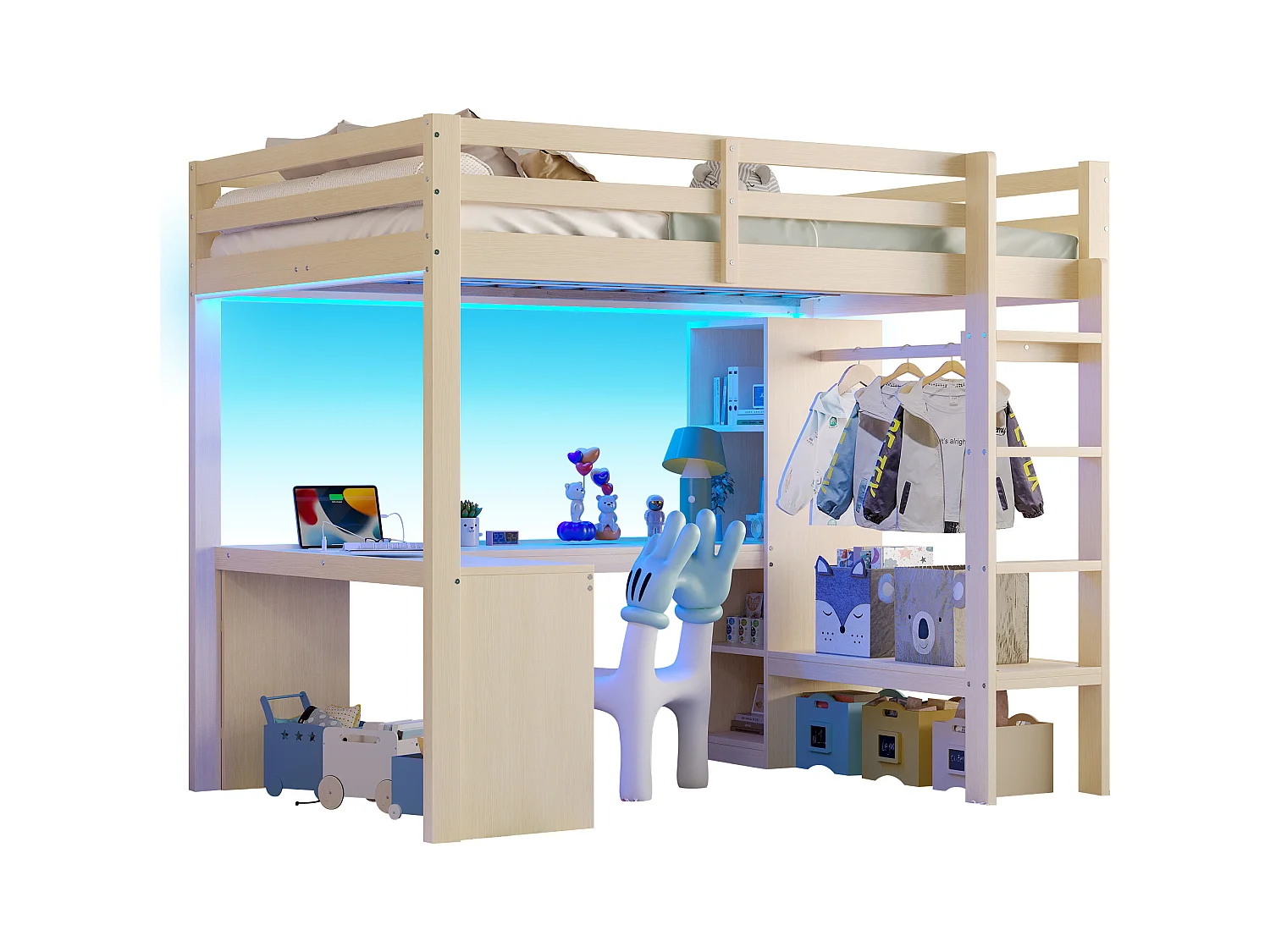 Lit mezzanine 140x200 cm - avec bureau - avec penderie ouverte - avec éclairage LED et port USB - Naturel(matelas non inclus)