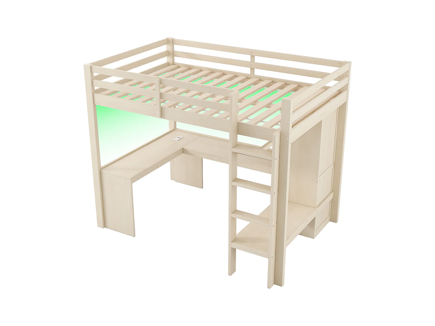 Lit mezzanine 140x200 cm - avec bureau - avec penderie ouverte - avec éclairage LED et port USB - Naturel(matelas non inclus)