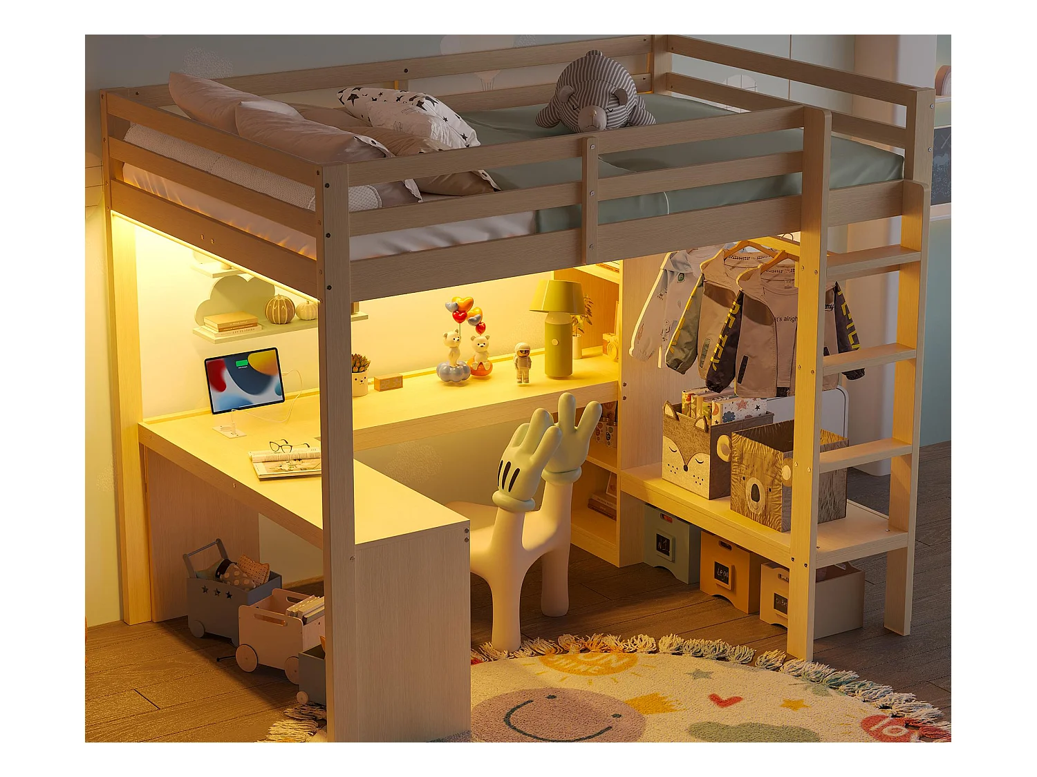Hochbett 140x200 cm - mit Schreibtisch - mit offenem Kleiderschrank - mit LED-Beleuchtung und USB-Anschluss - natur (Matratze nicht enthalten)