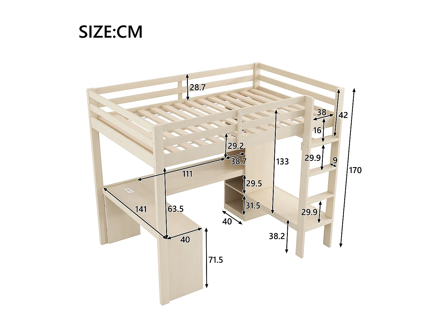 Mezzaninebed 140x200 cm - met bureau - met open kledingkast - met LED-verlichting en USB-poort - naturel (matras niet inbegrepen)