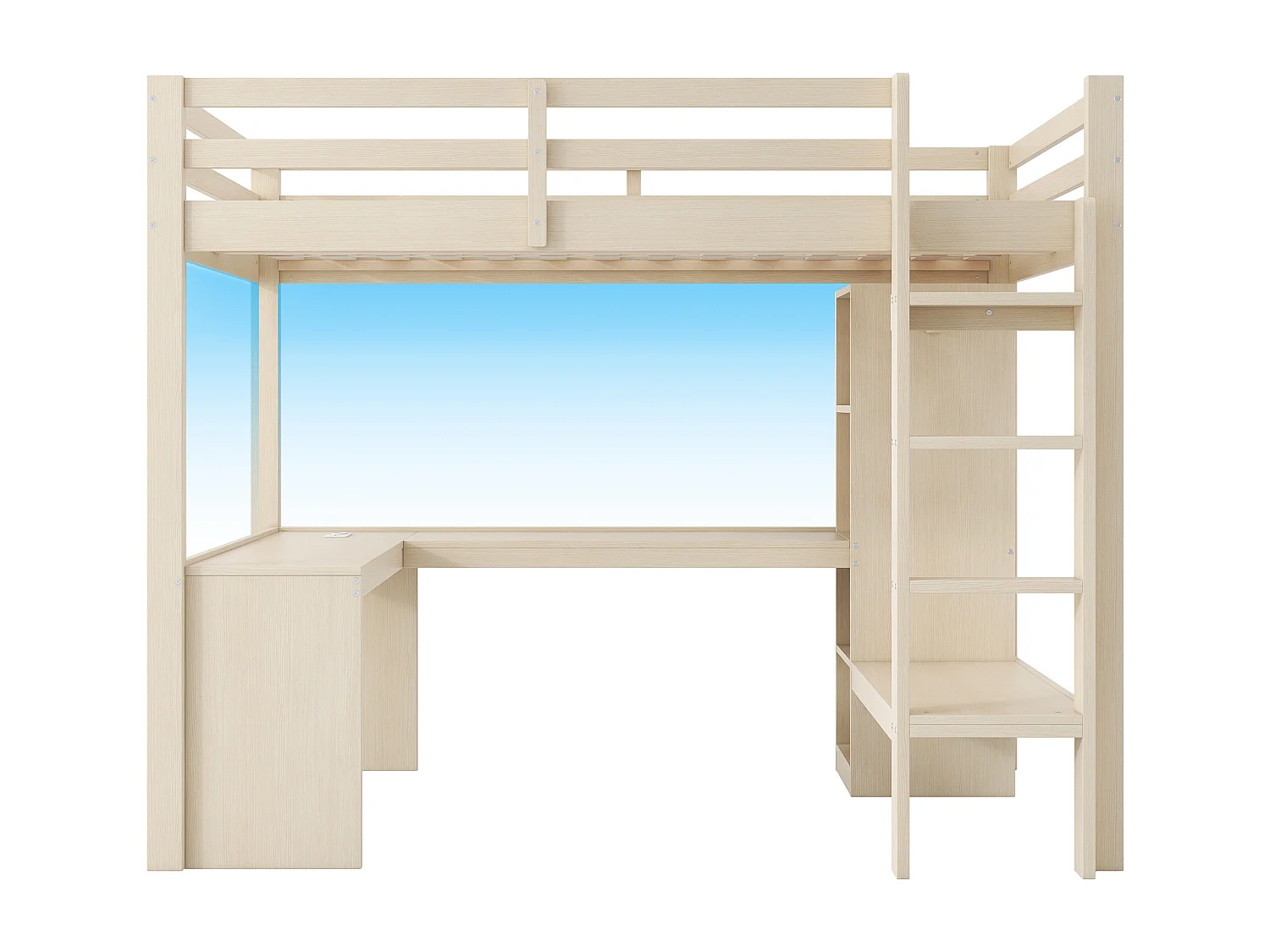 Mezzaninebed 140x200 cm - met bureau - met open kledingkast - met LED-verlichting en USB-poort - naturel (matras niet inbegrepen)