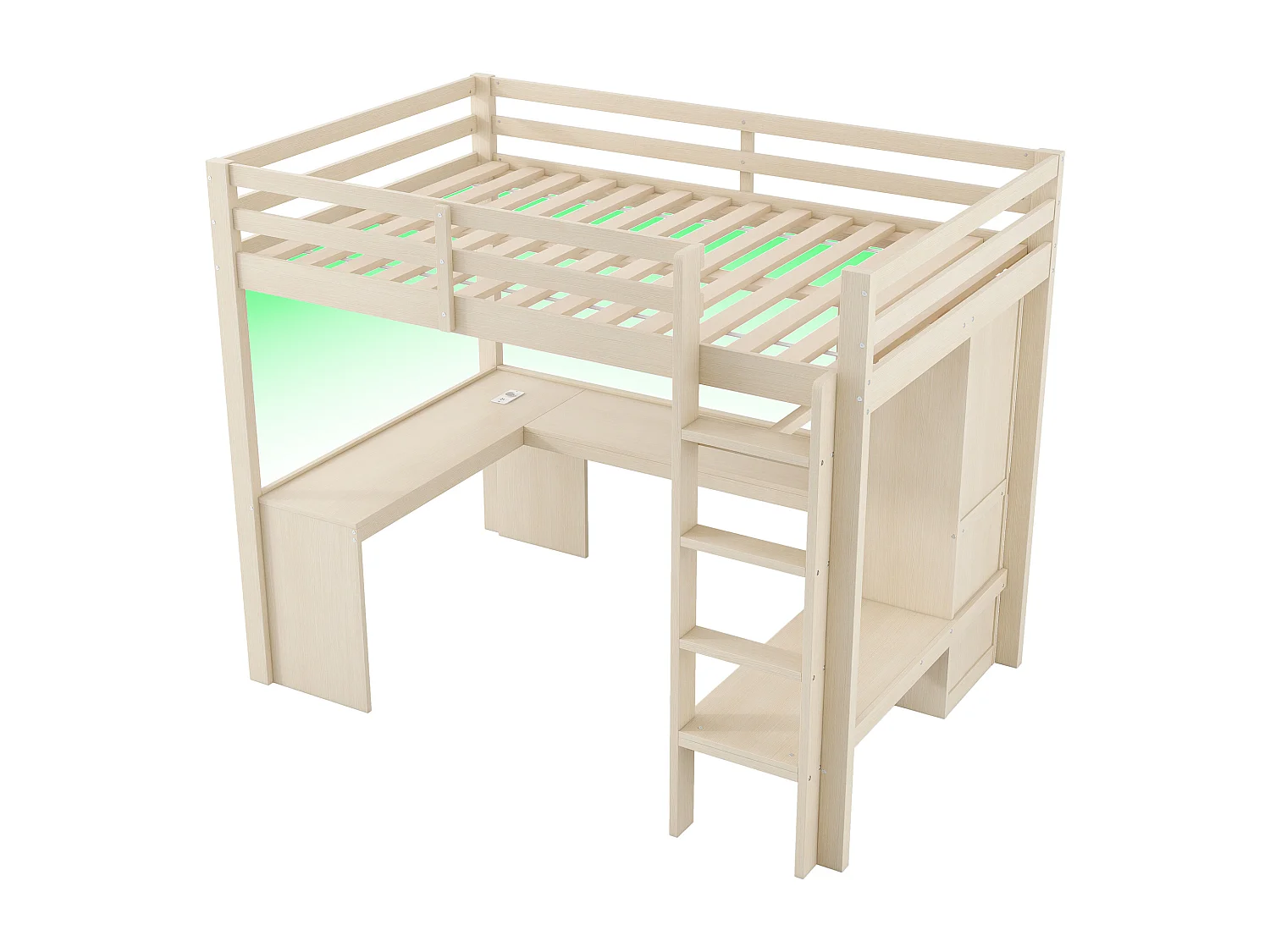 Mezzaninebed 140x200 cm - met bureau - met open kledingkast - met LED-verlichting en USB-poort - naturel (matras niet inbegrepen)