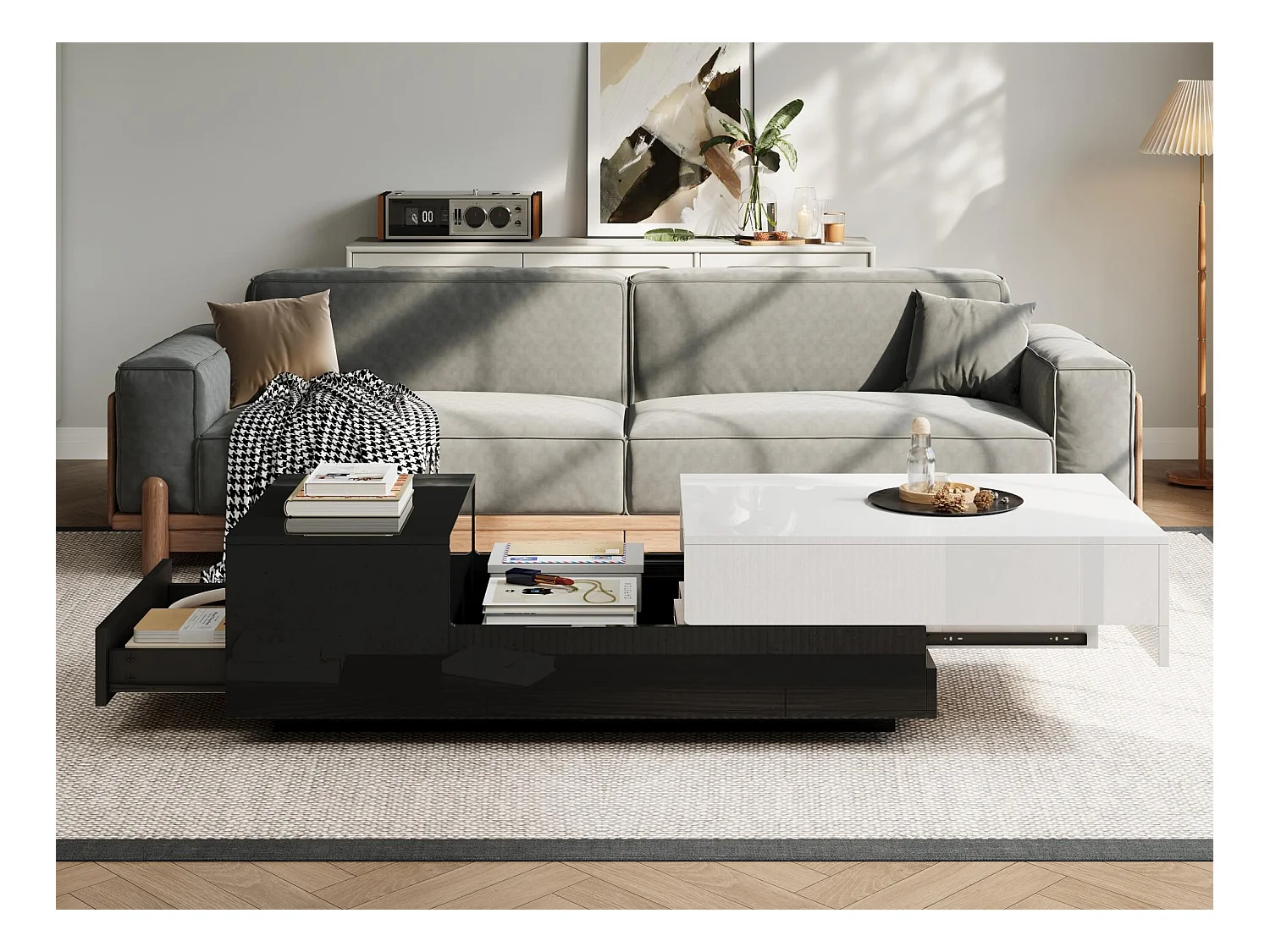 Table basse haute brillance 100x50x38 cm - 1 tiroir - plateau coulissant - noir + blanc