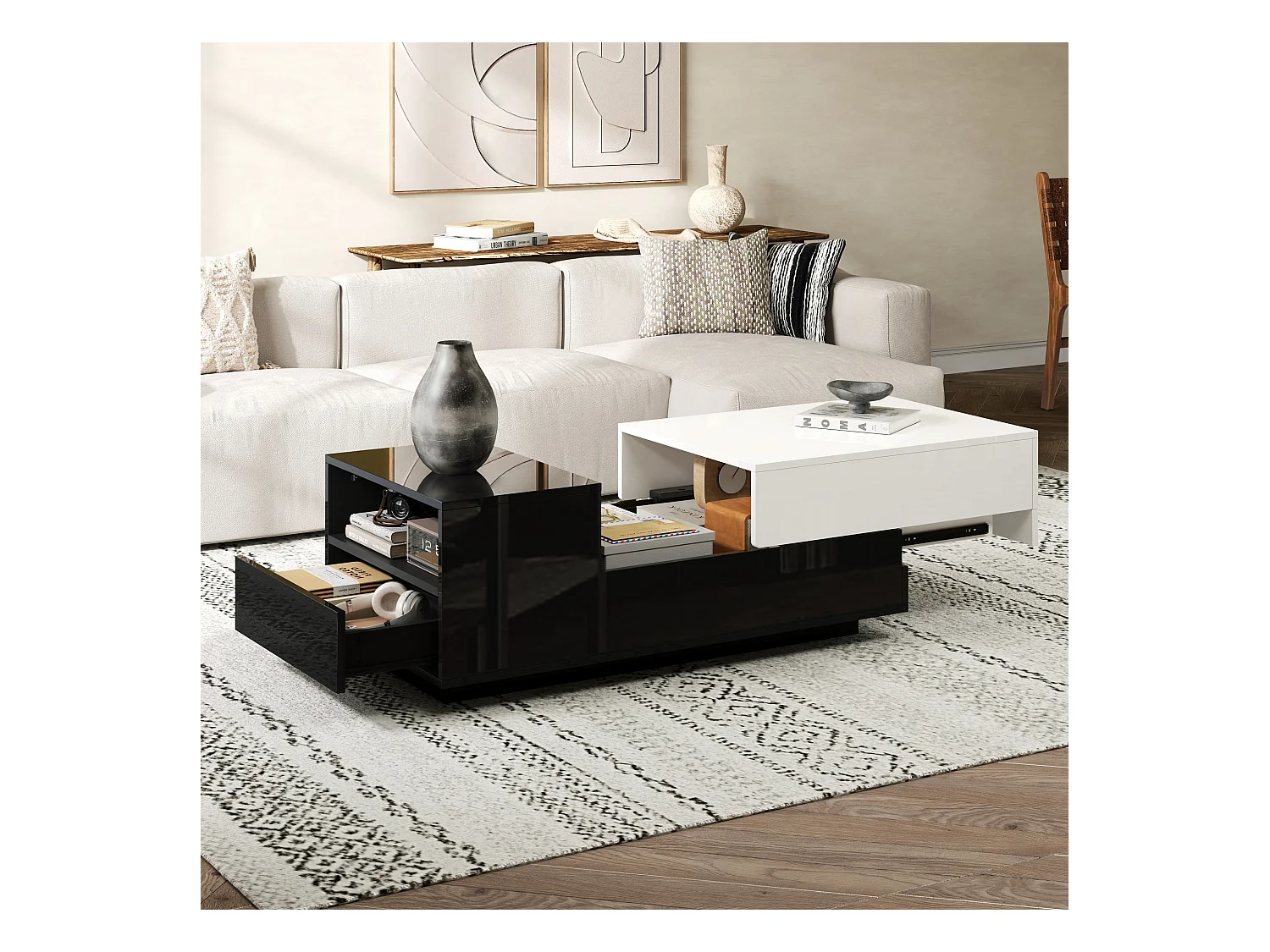 Table basse haute brillance 100x50x38 cm - 1 tiroir - plateau coulissant - noir + blanc