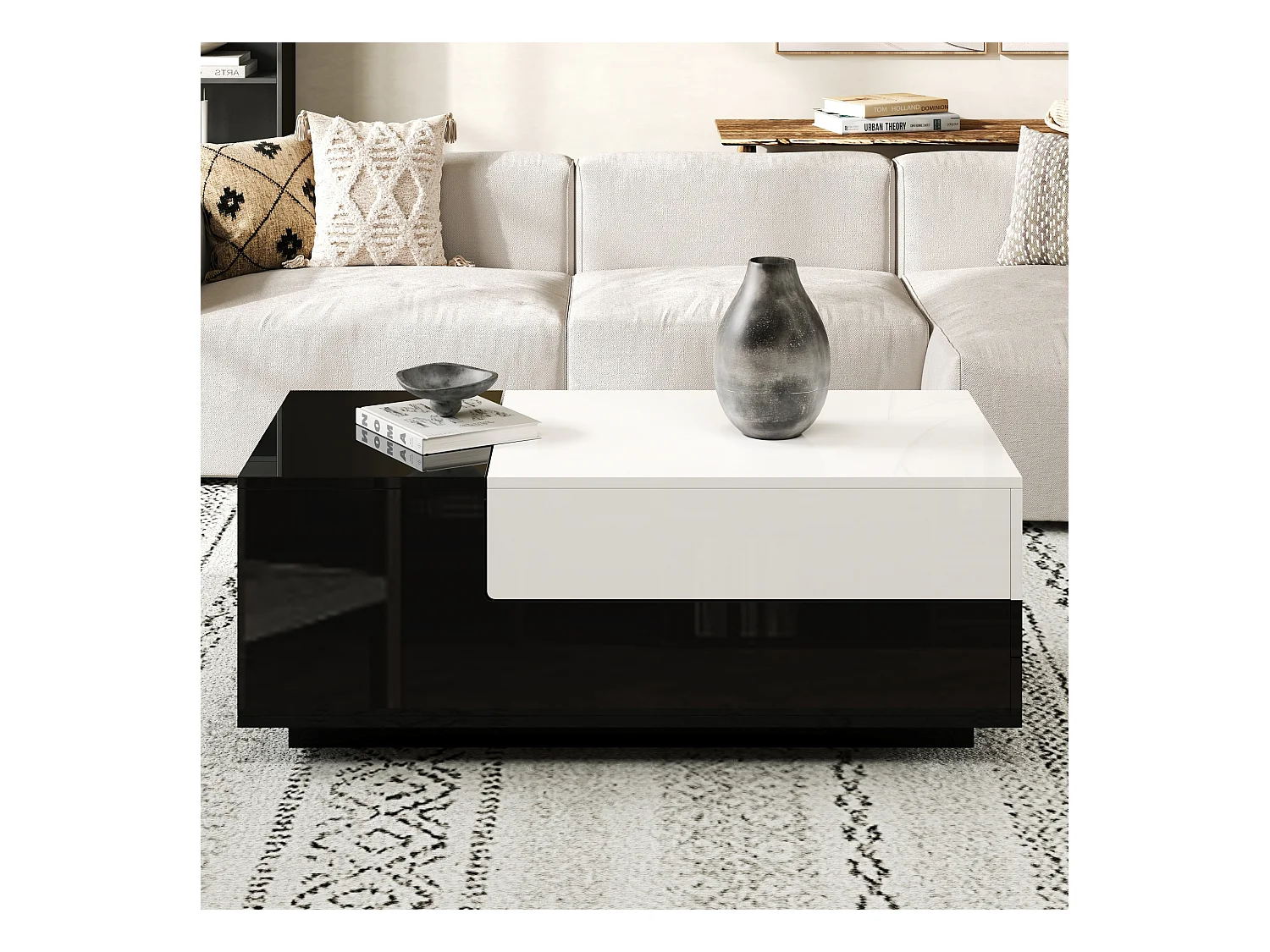 Table basse haute brillance 100x50x38 cm - 1 tiroir - plateau coulissant - noir + blanc