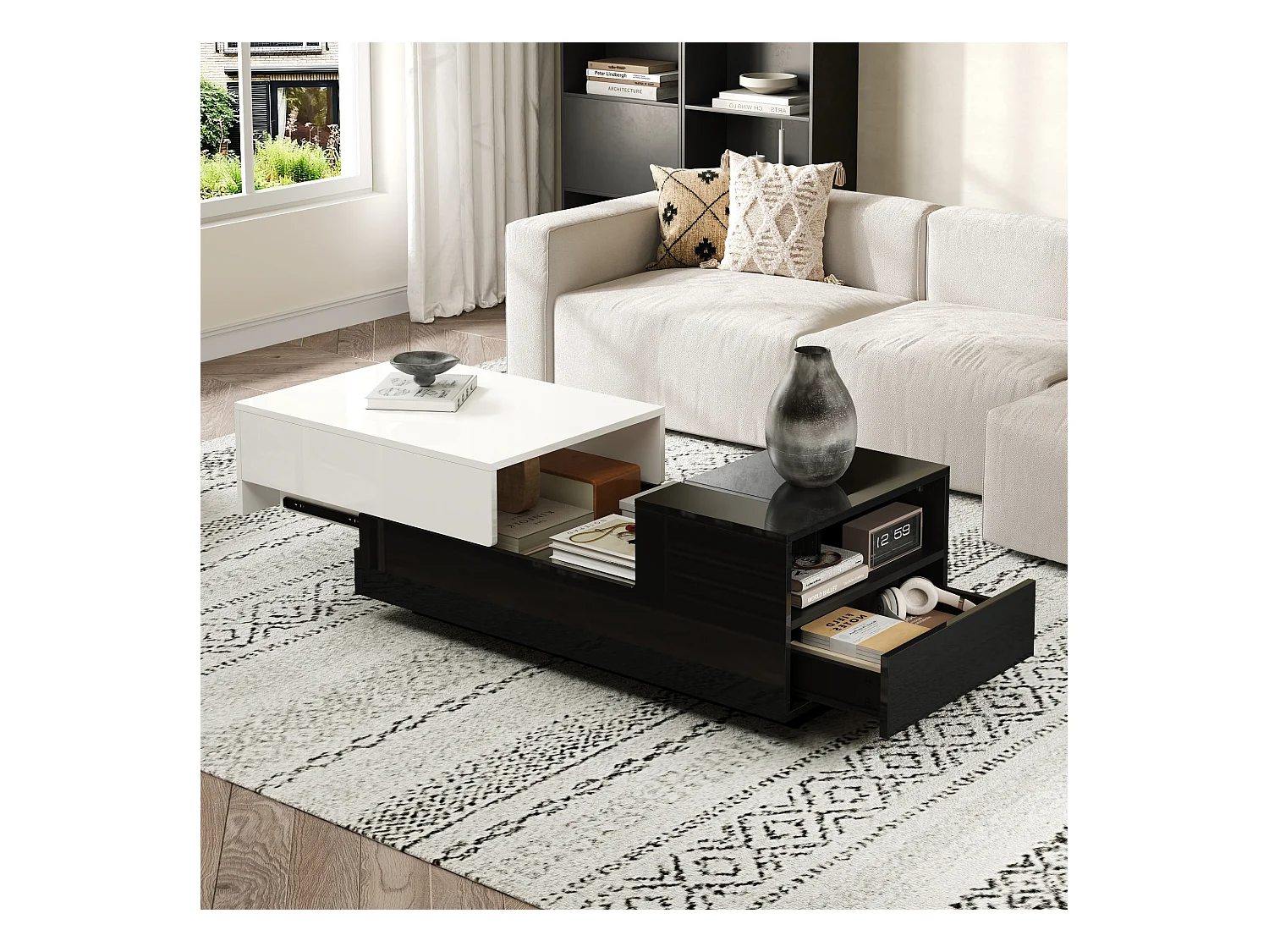 Table basse haute brillance 100x50x38 cm - 1 tiroir - plateau coulissant - noir + blanc