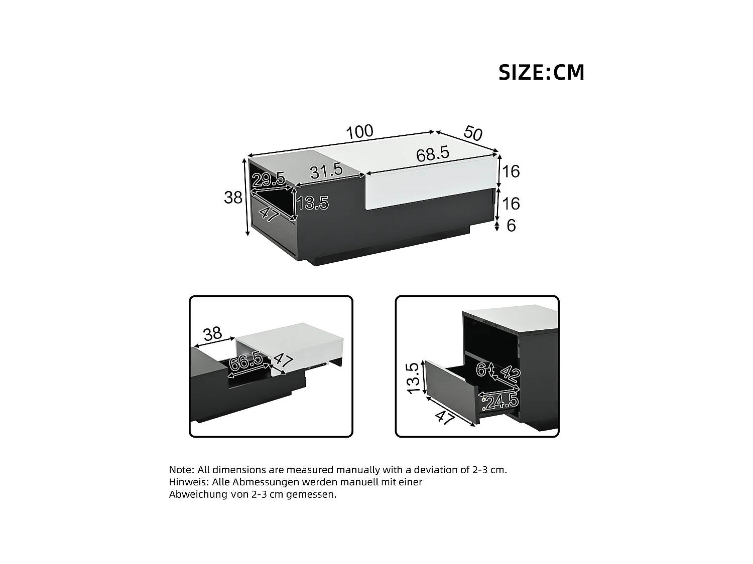 Table basse haute brillance 100x50x38 cm - 1 tiroir - plateau coulissant - noir + blanc