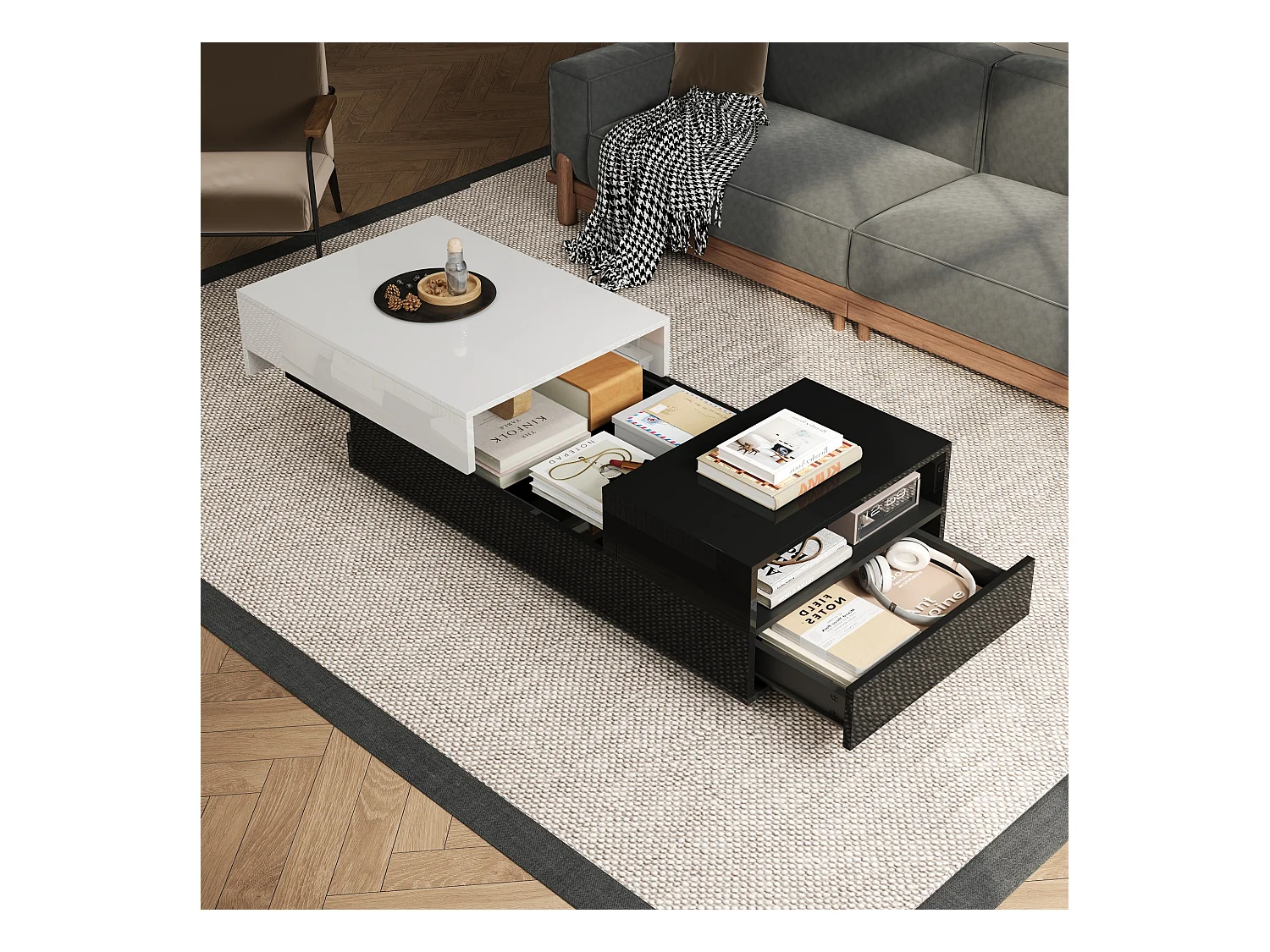 Table basse haute brillance 100x50x38 cm - 1 tiroir - plateau coulissant - noir + blanc