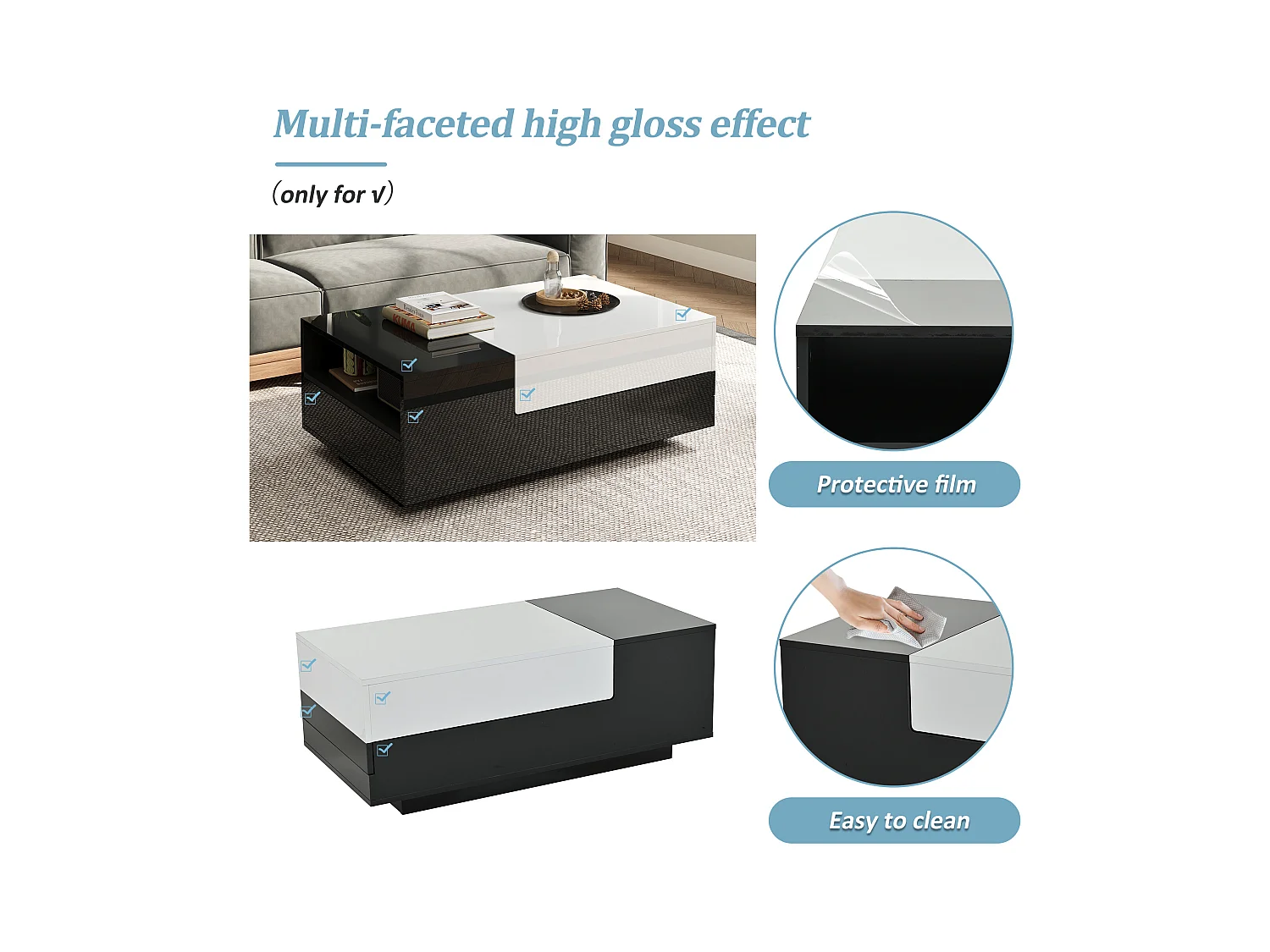 Table basse haute brillance 100x50x38 cm - 1 tiroir - plateau coulissant - noir + blanc