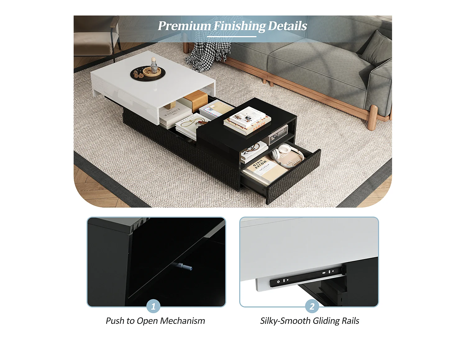 Table basse haute brillance 100x50x38 cm - 1 tiroir - plateau coulissant - noir + blanc