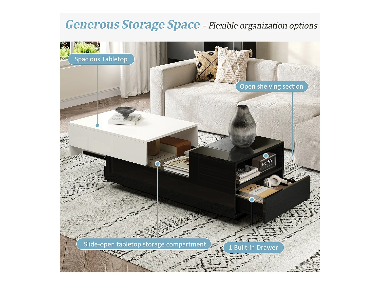 Table basse haute brillance 100x50x38 cm - 1 tiroir - plateau coulissant - noir + blanc