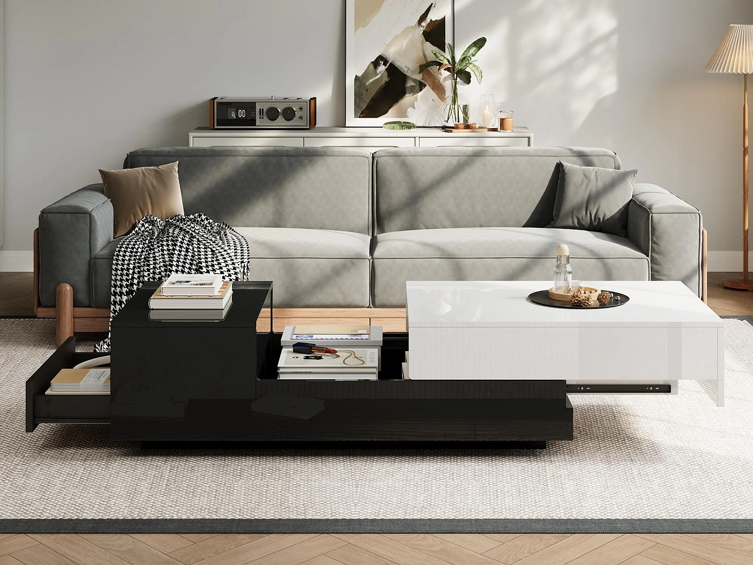 Hoogglans salontafel 100x50x38 cm - 1 lade - uitschuifbaar blad - zwart + wit