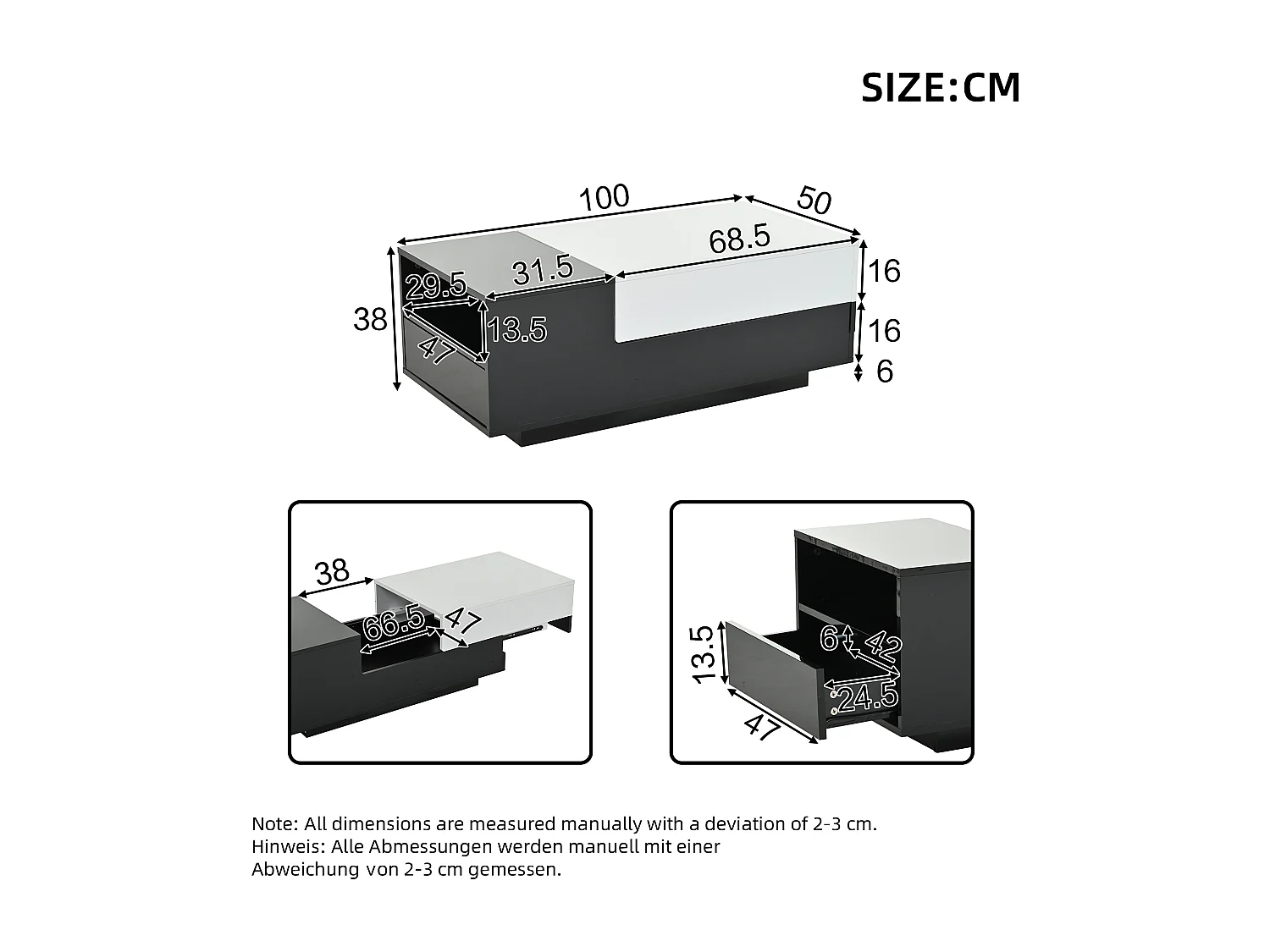Hoogglans salontafel 100x50x38 cm - 1 lade - uitschuifbaar blad - zwart + wit