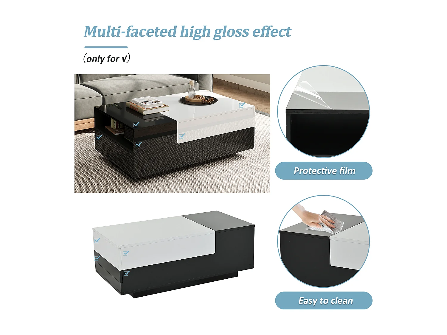 Hoogglans salontafel 100x50x38 cm - 1 lade - uitschuifbaar blad - zwart + wit