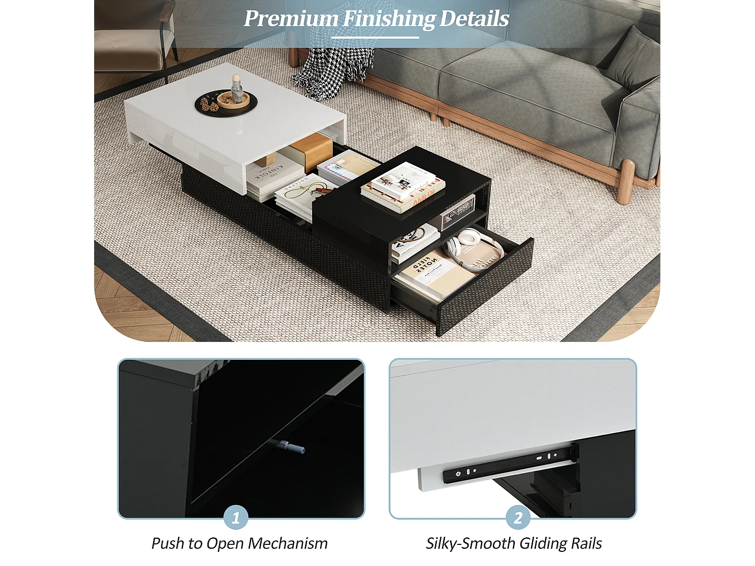 Hoogglans salontafel 100x50x38 cm - 1 lade - uitschuifbaar blad - zwart + wit