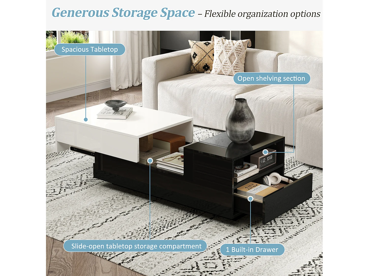 Hoogglans salontafel 100x50x38 cm - 1 lade - uitschuifbaar blad - zwart + wit