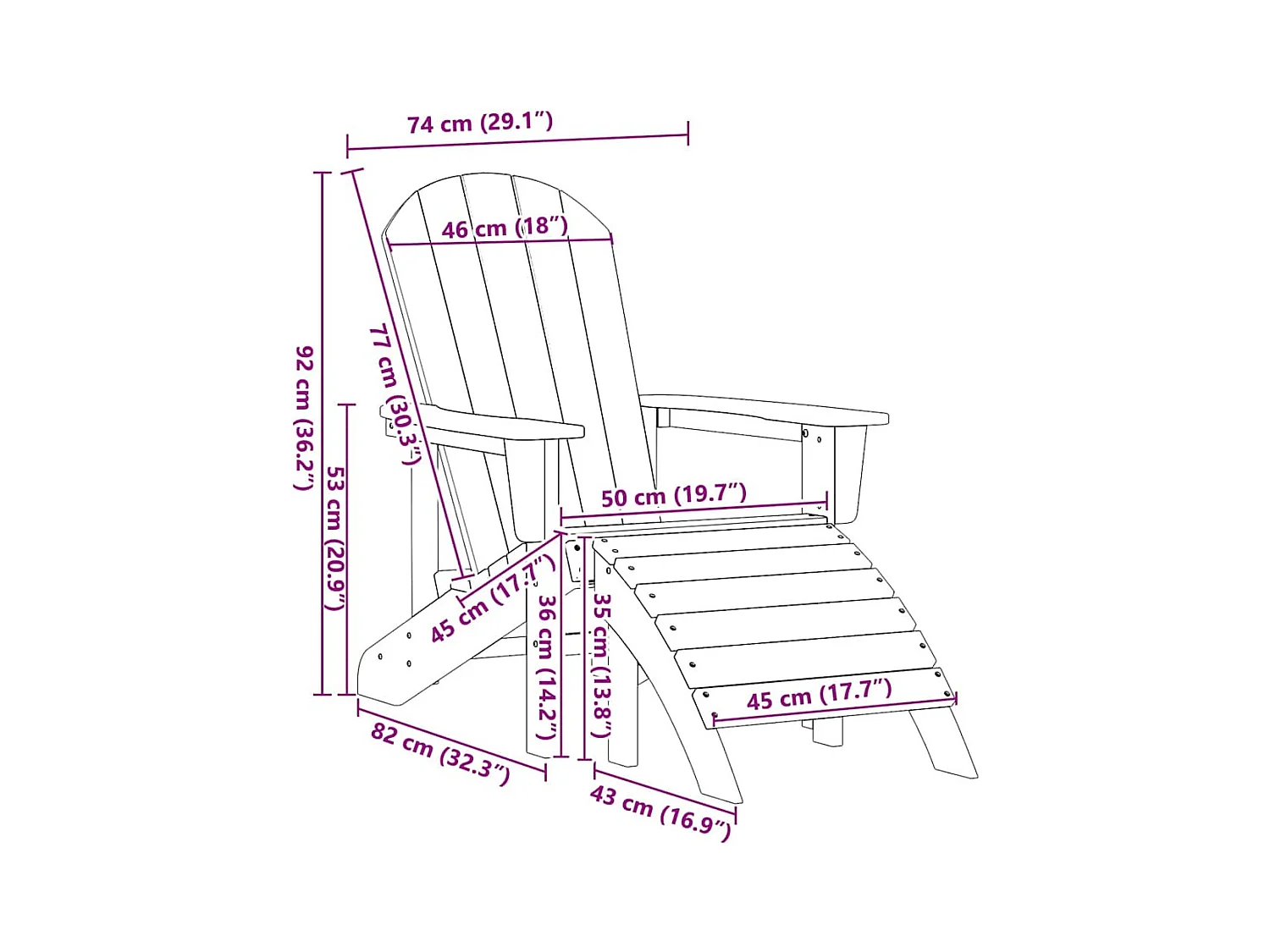 Chaise Adirondack avec coussin Noir 74 x 82 x 92cm HDPE
