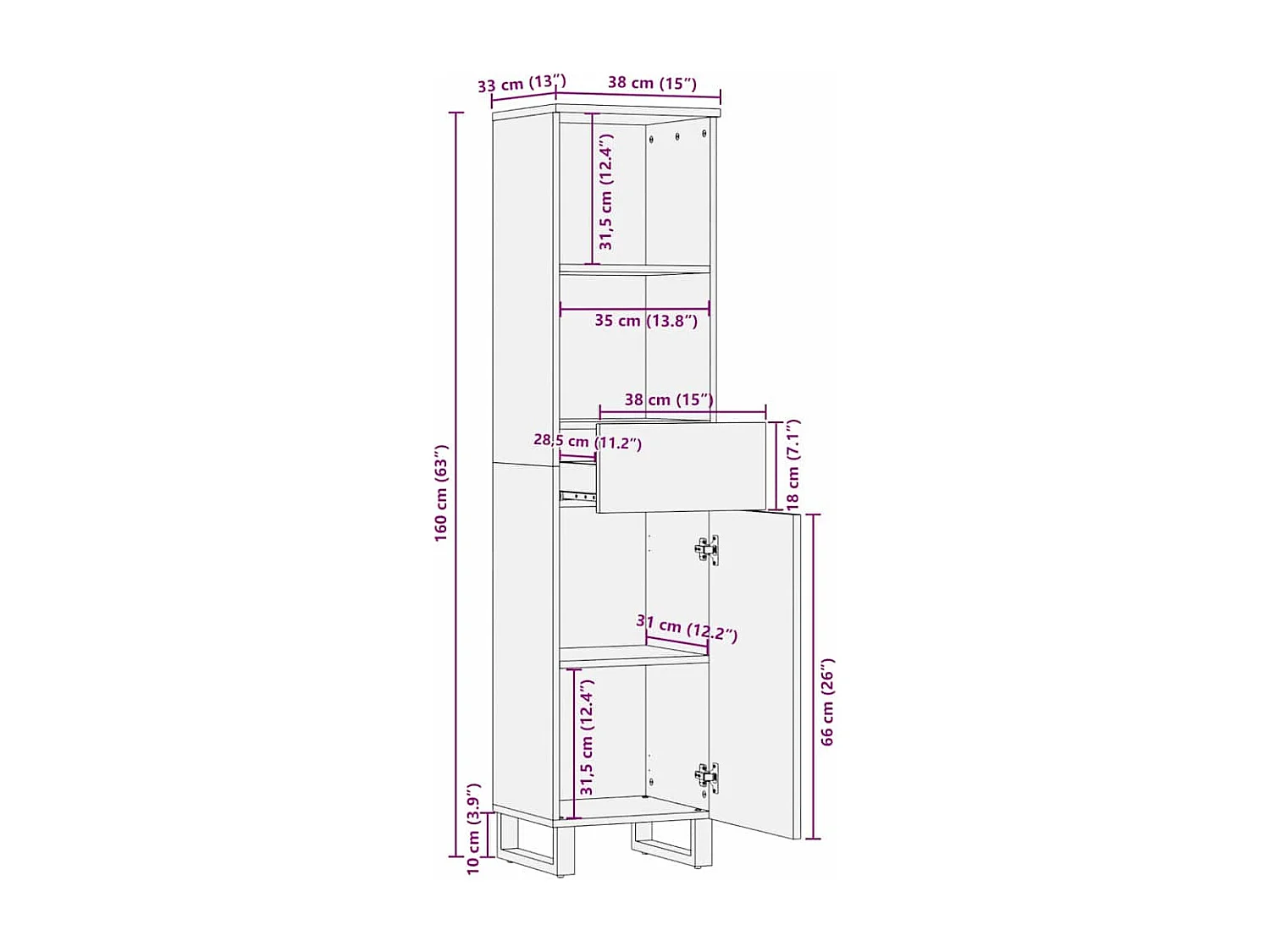 Meuble de Lavabo de Salle de Bain Marron 38 x 33 x 160 cm
