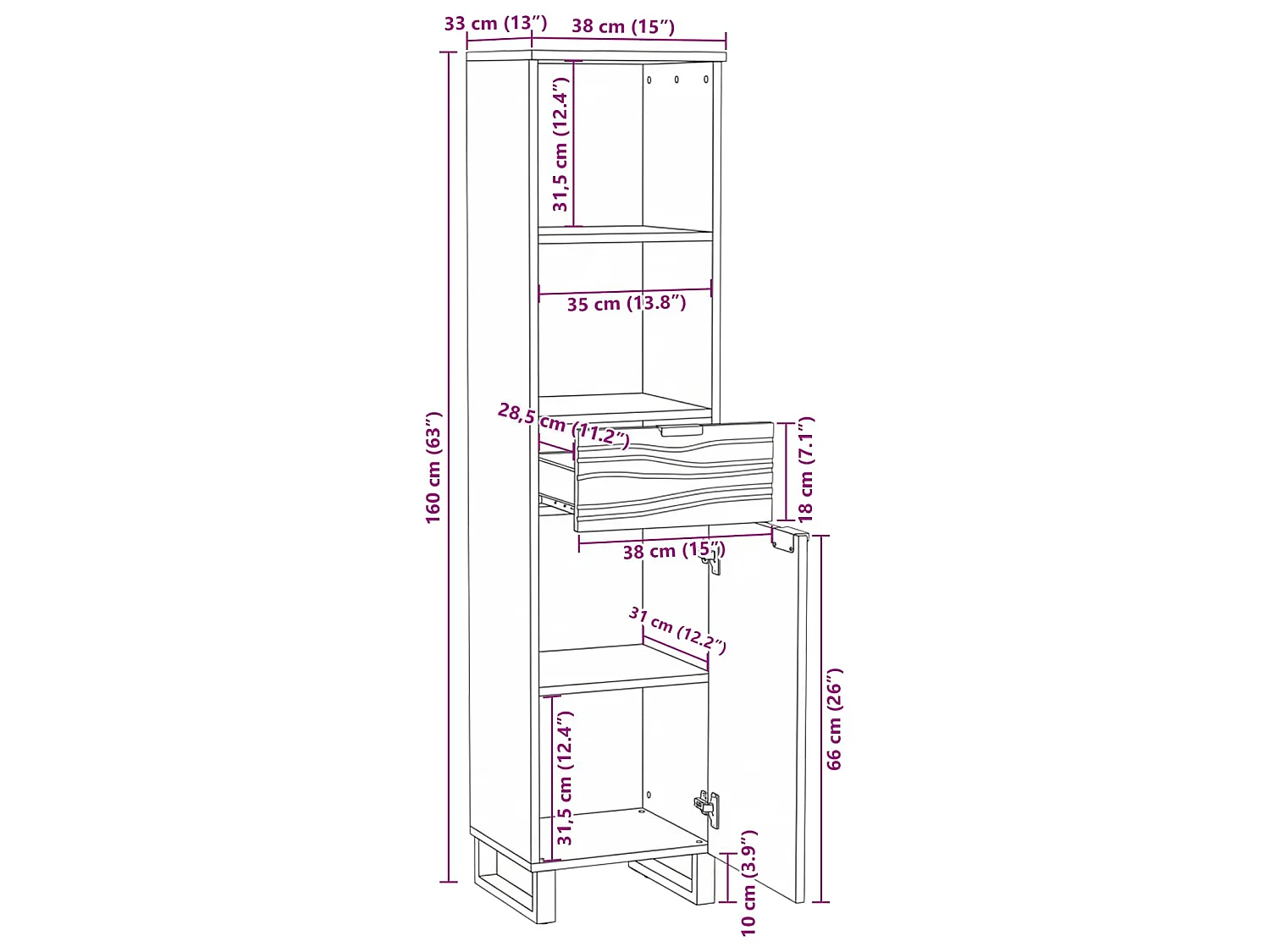 Badkamer wastafelkast Bruin 38 x 33 x 160 cm Bewerkt hout