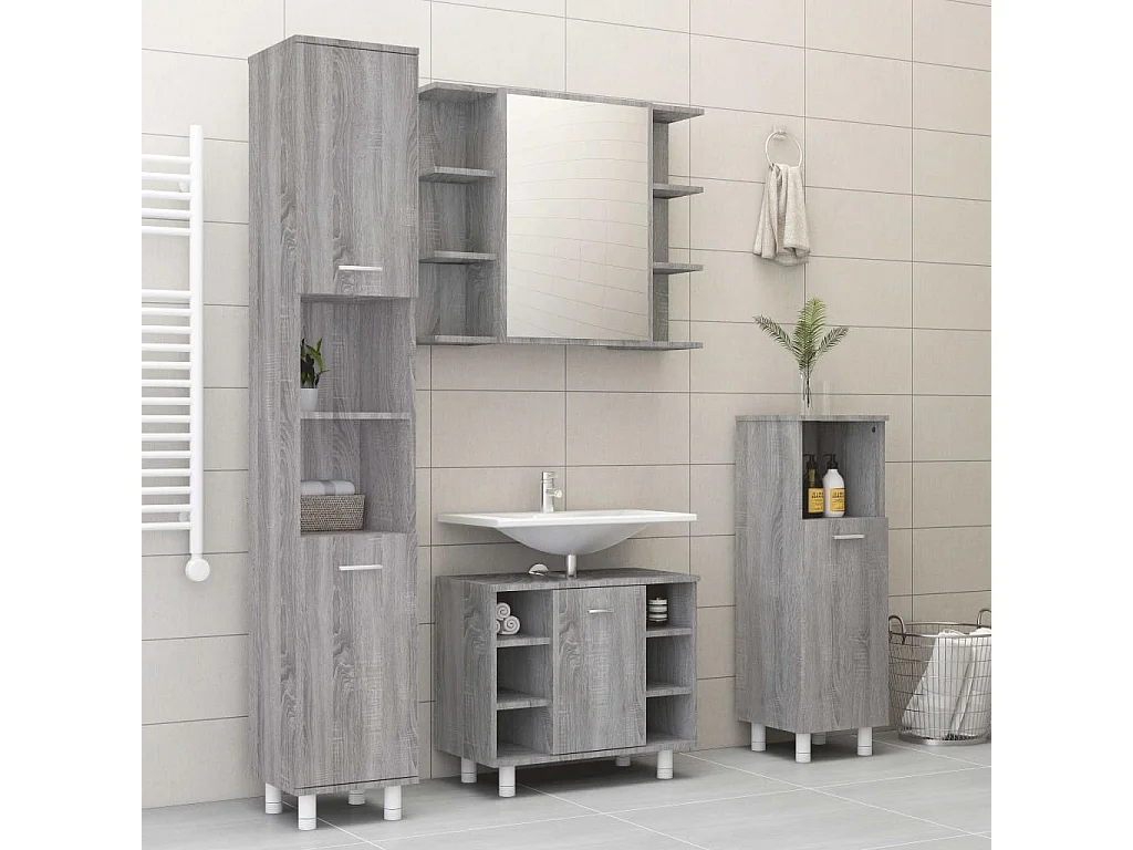 Set Mobili da Bagno 4 pz Grigio Sonoma in Legno Multistrato