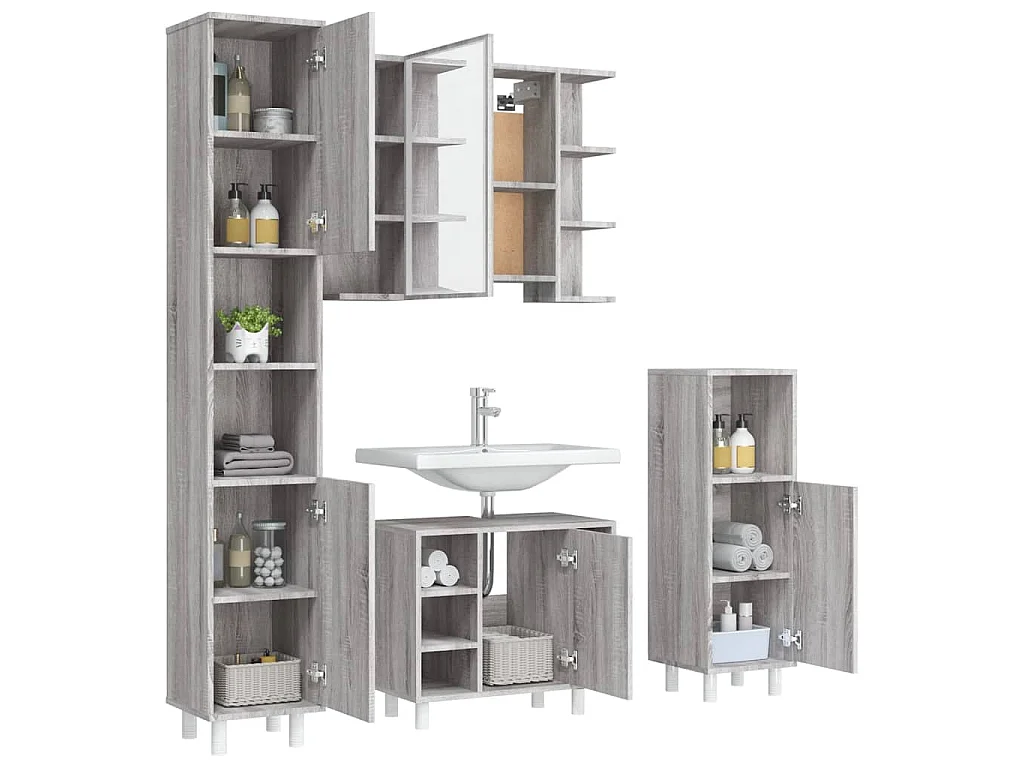 Set de armario de baño 4 pzas madera contrachapada gris sonoma