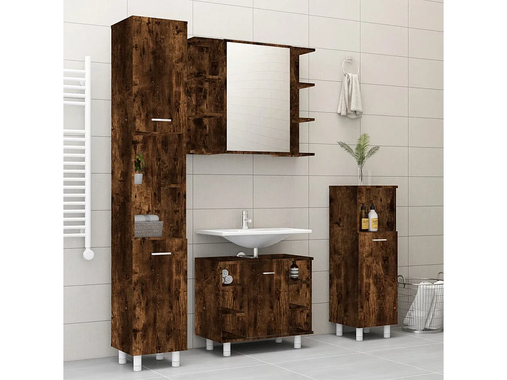 Set Mobili da Bagno 4 pz Rovere Fumo in Legno Multistrato