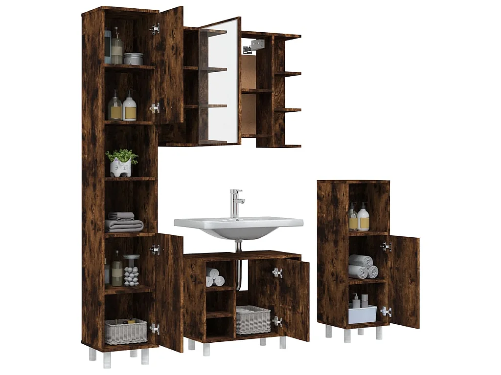Set Mobili da Bagno 4 pz Rovere Fumo in Legno Multistrato
