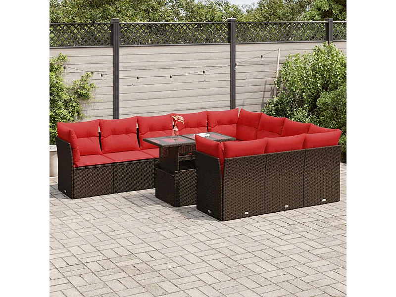 11-tlg. Garten-Sofagarnitur mit Kissen Braun Poly Rattan Akazie