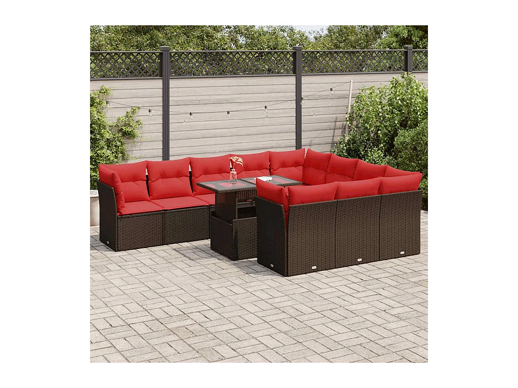 Set Divani Giardino 11 pz con Cuscini Polyrattan Marrone Acacia