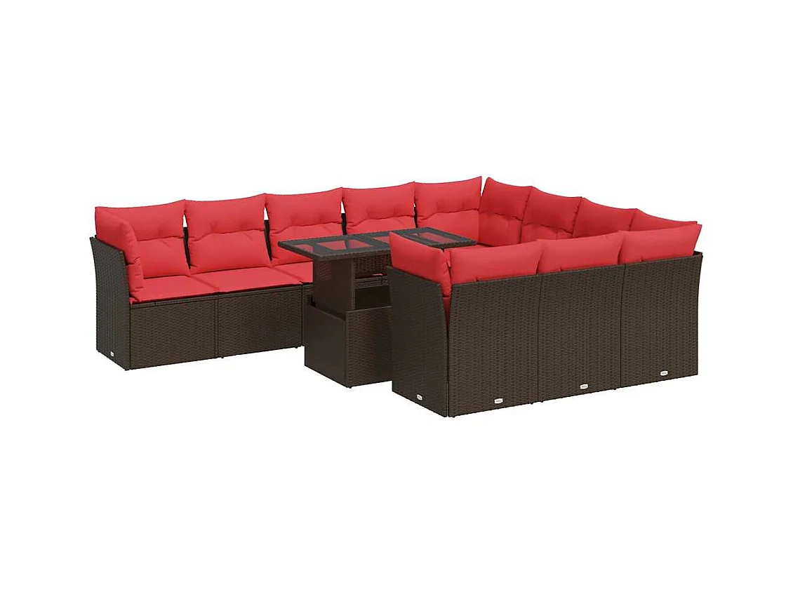 Set Divani Giardino 11 pz con Cuscini Polyrattan Marrone Acacia