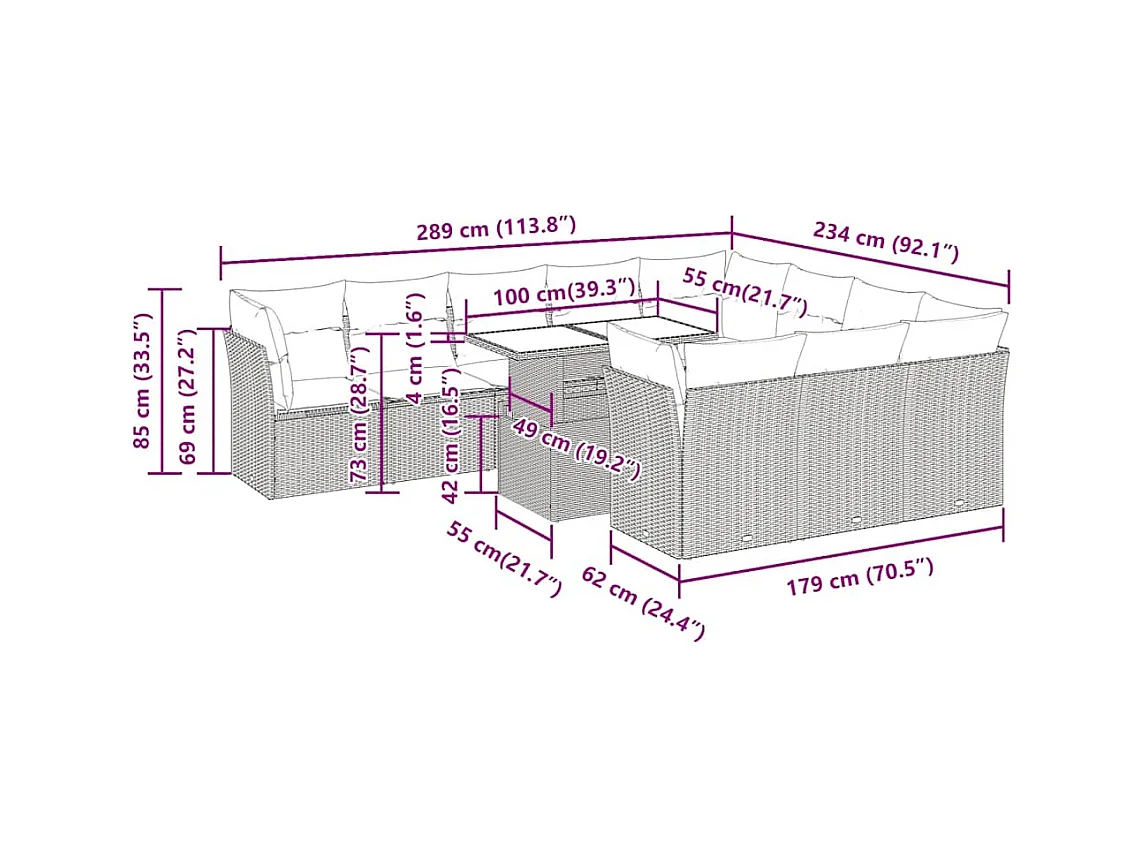 Set Divani Giardino 11 pz con Cuscini Polyrattan Marrone Acacia