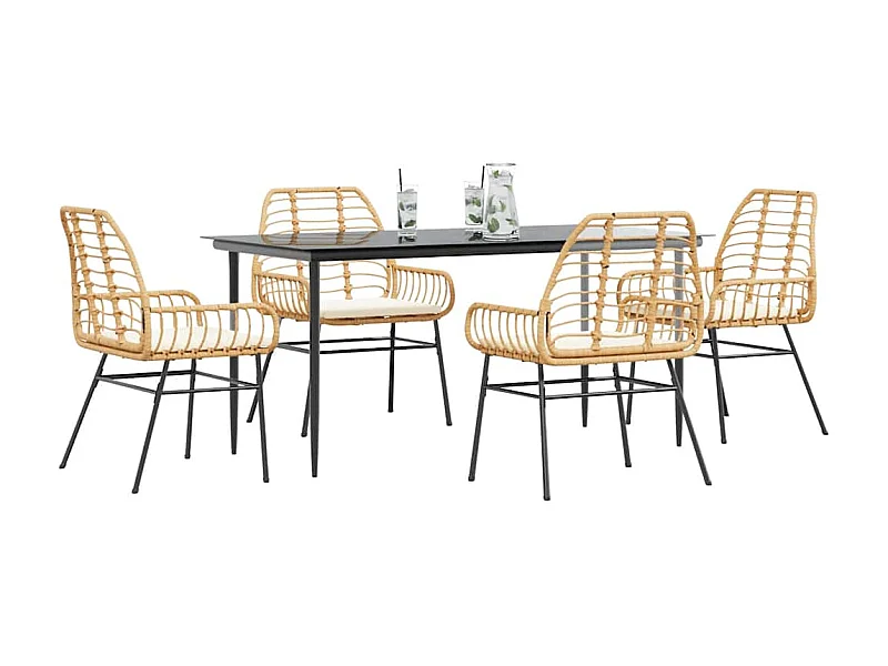 5-tlg. Garten-Essgruppe mit Kissen Braun Poly Rattan Glas