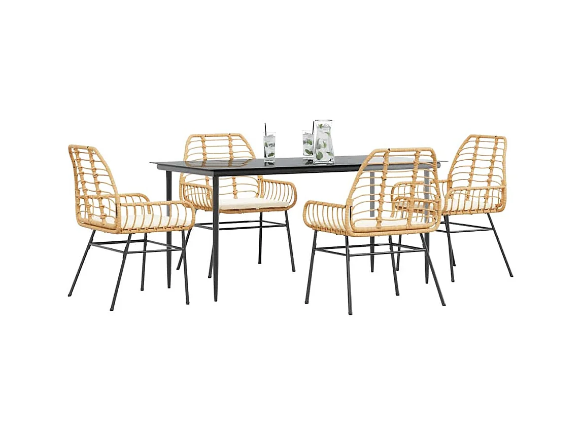 Ensemble à manger jardin coussins 5pcs marron poly rotin verre