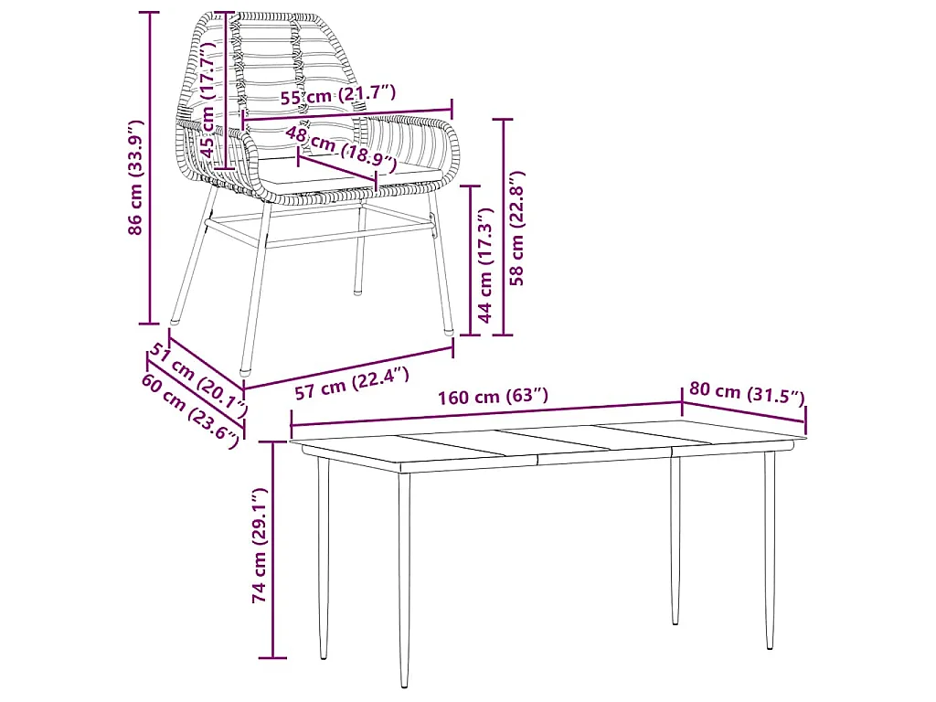 Ensemble à manger jardin coussins 5pcs marron poly rotin verre