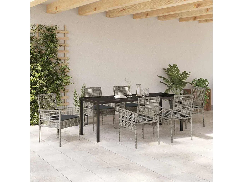 Garten Essgruppe mit Kissen 7 pcs Grau Poly-Rattan