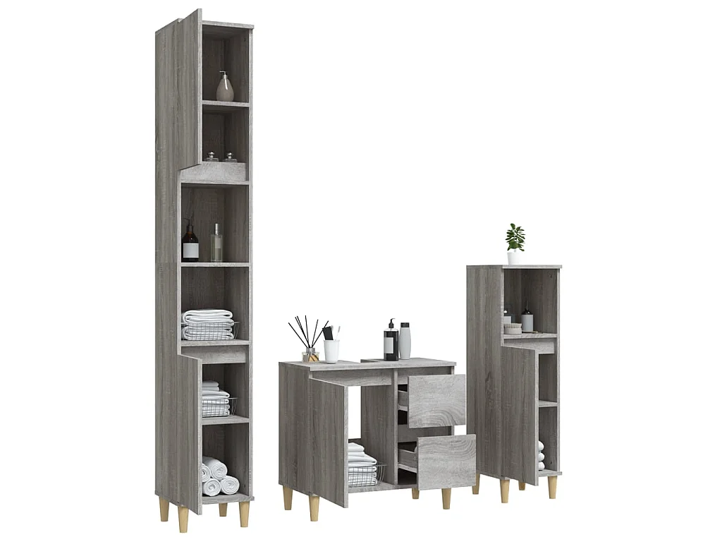 Set Mobili da Bagno 3 pz Grigio Sonoma in Legno Multistrato