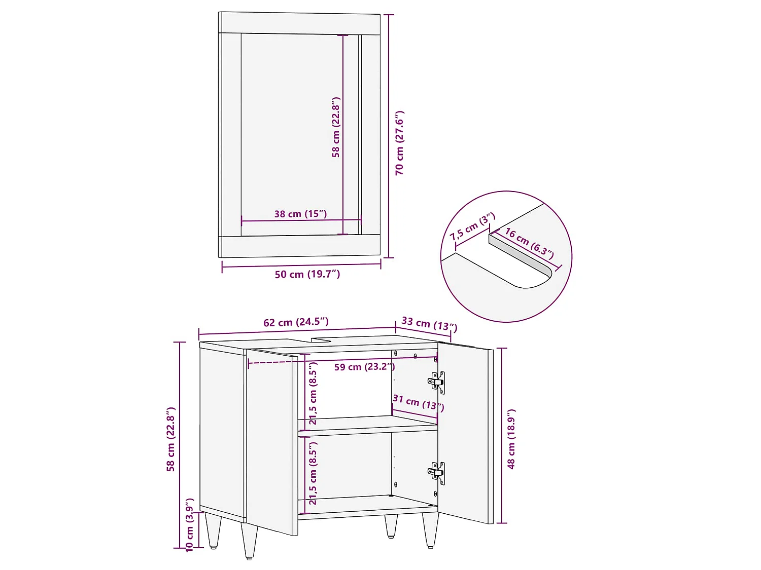 Badezimmerschrank-Set mit Tür 2 pcs Honigbraun Massivholz Mango