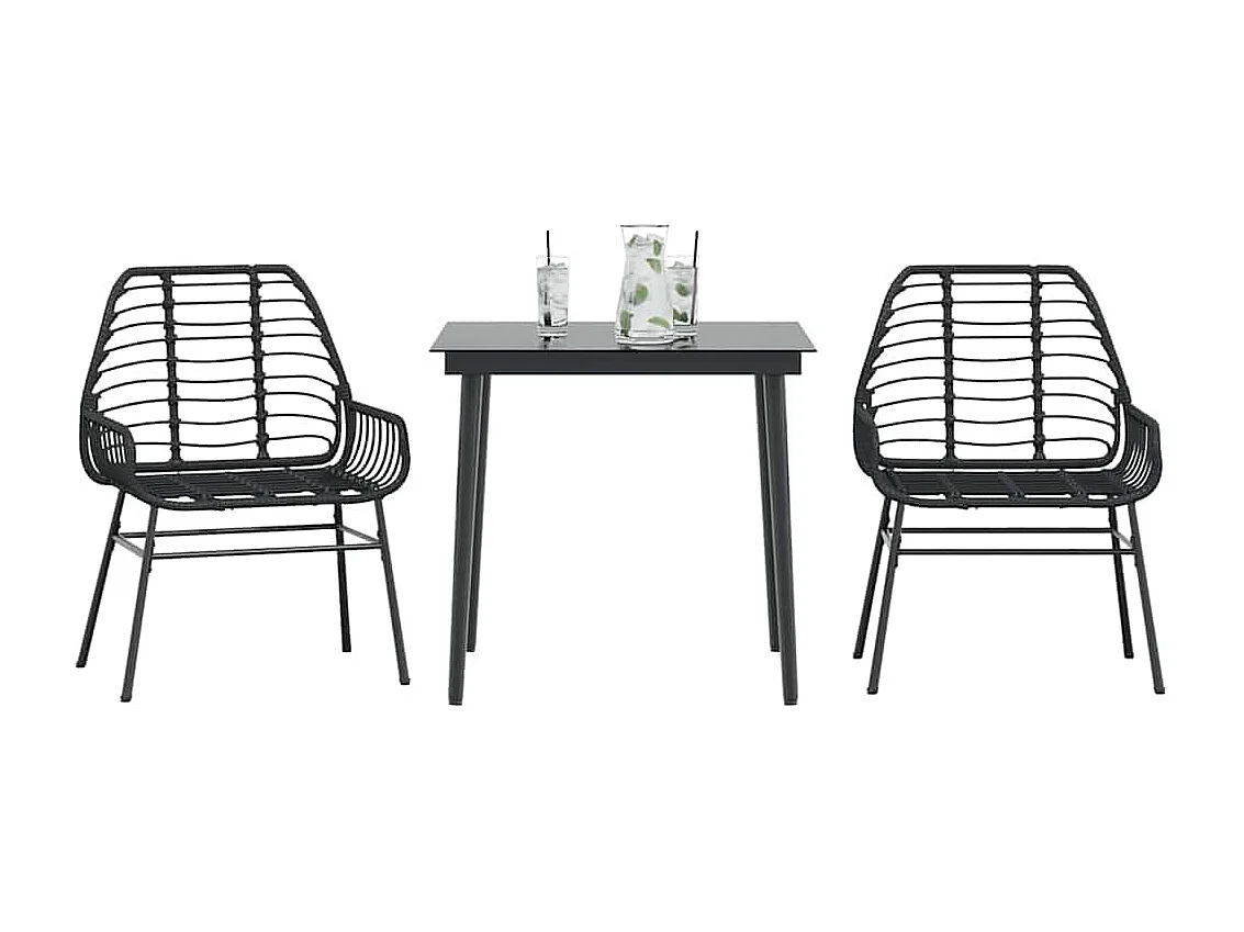 3 pcs conjunto de jantar para jardim vime PE vidro preto